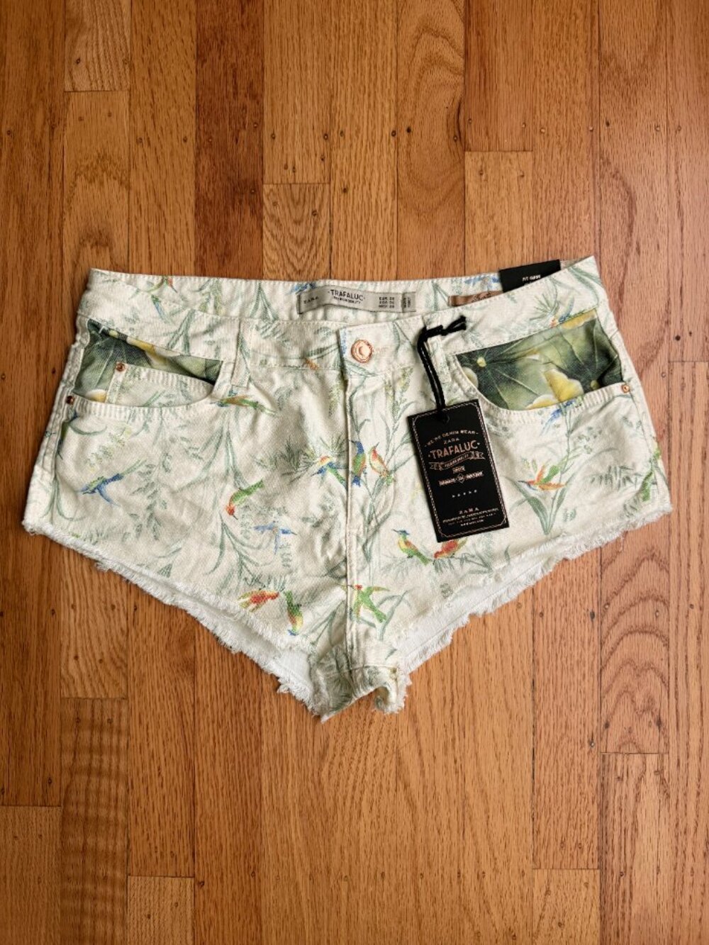 Zara Tropical Hummingbird High-Cut Frayed Denim Shorts